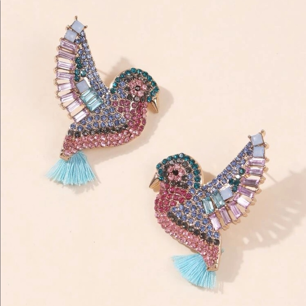 Bird earrings rhinstone stud tassel blue pink jewelry cute animal